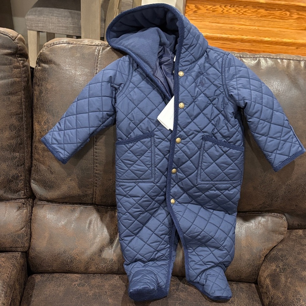 Ralph Lauren Navy Quilted Hooded Snowsuit with Gold Buttons - Picture 2 of 4